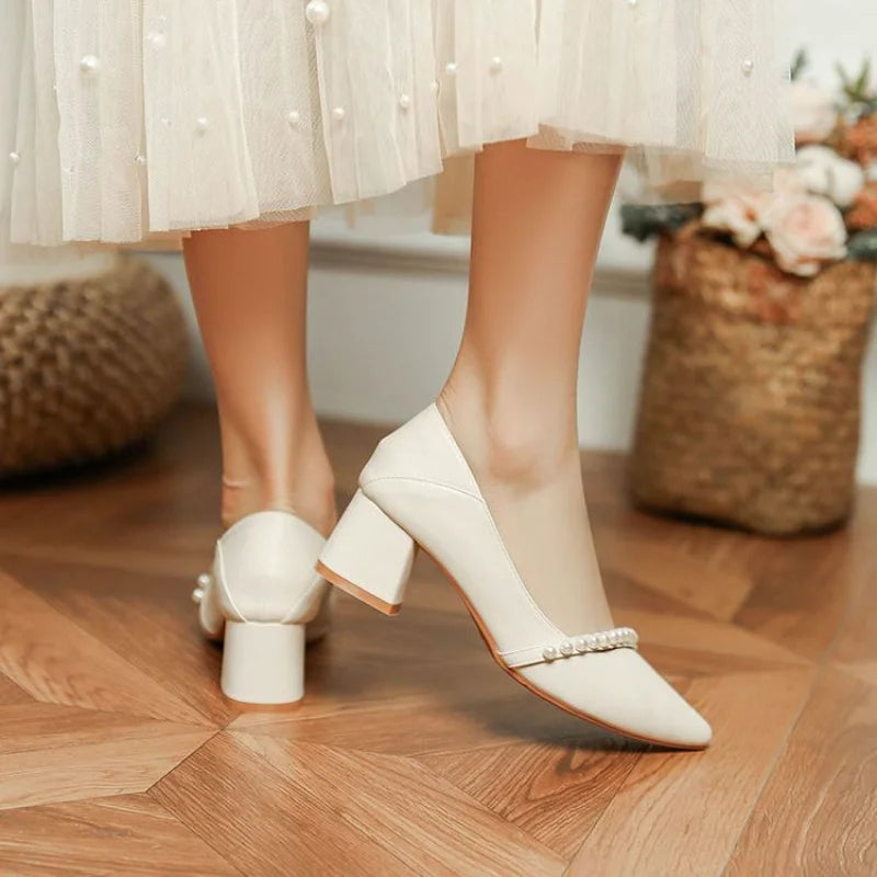 With Medium Heels Shoes for Women 2025 Wedding Bride Shoe White Ladies Summer Footwear Pearl Office Slip on Lastest Casual Trend