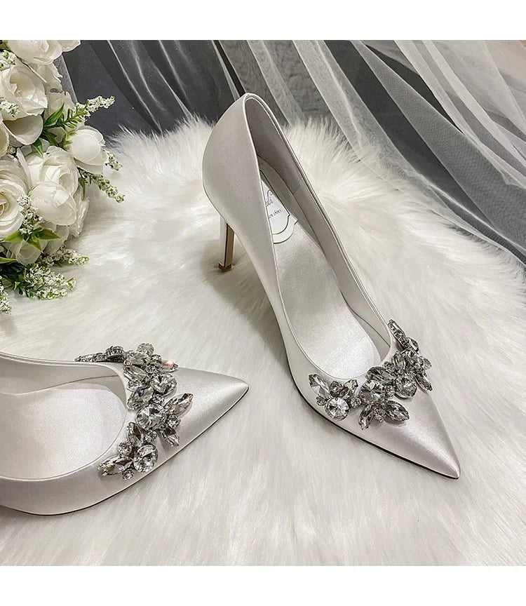 New White Champagne Women Bridal Wedding Shoes Faux Silk Satin Rhinestone Crystal Shallow Pumps Stiletto High Heel