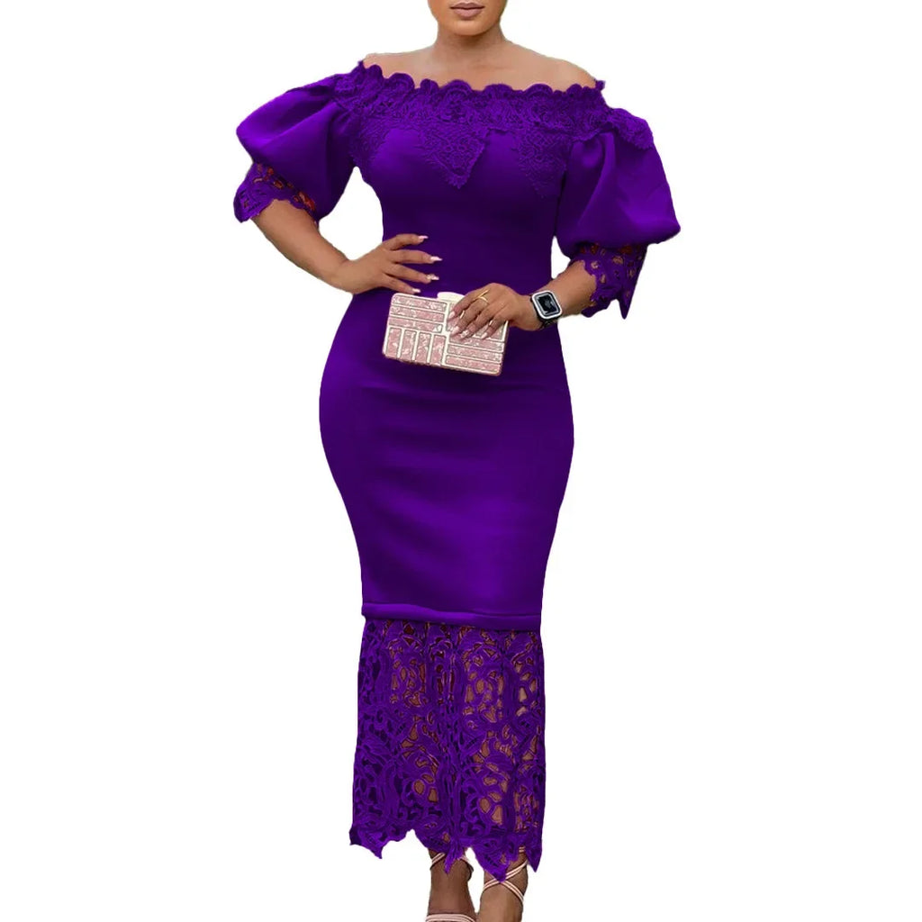 Off-Shoulder Lantern Sleeve Lace Sheath Dress