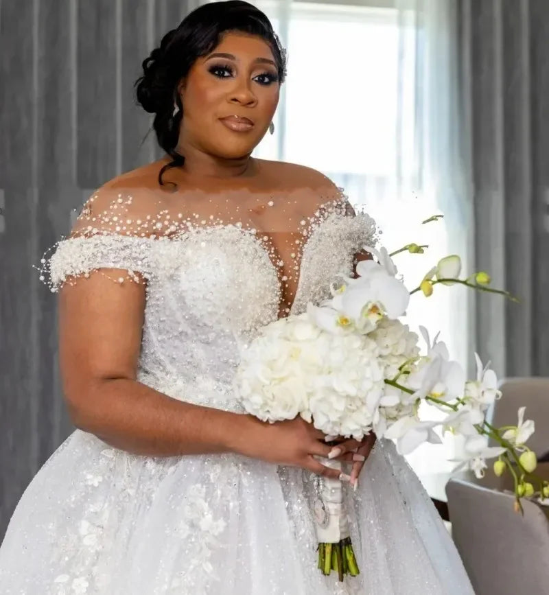 Customized Wedding Dress For Bride Sheer Neck Lace Up Back Major Beading Sequins Pearls Plus Size Women Africa Bridal Gowns