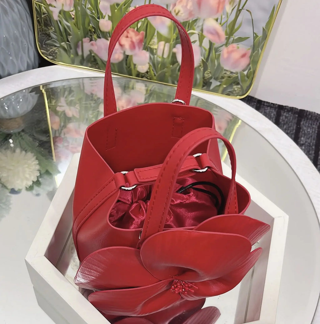 3D Floral Soft PU Leather Women Small Bucket Handbag Wedding Purse Dress Party Evening Bridal Clutch Bag