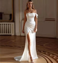 One Shoulder Pleated Satin Wedding Dress with Split