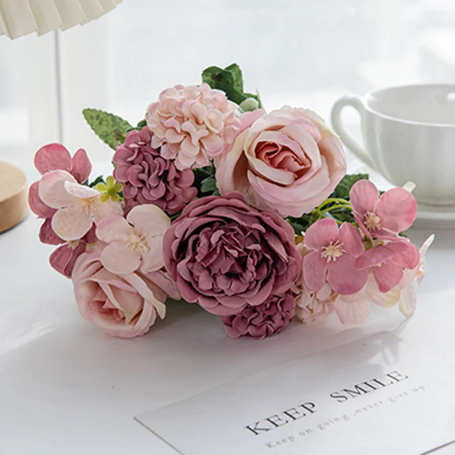 Artificial Flowers 7 Fork Silk Rose Peony Hydrangea Festival Wreath Decor Wedding Wreath Home Room Table DIY Craft Accessories