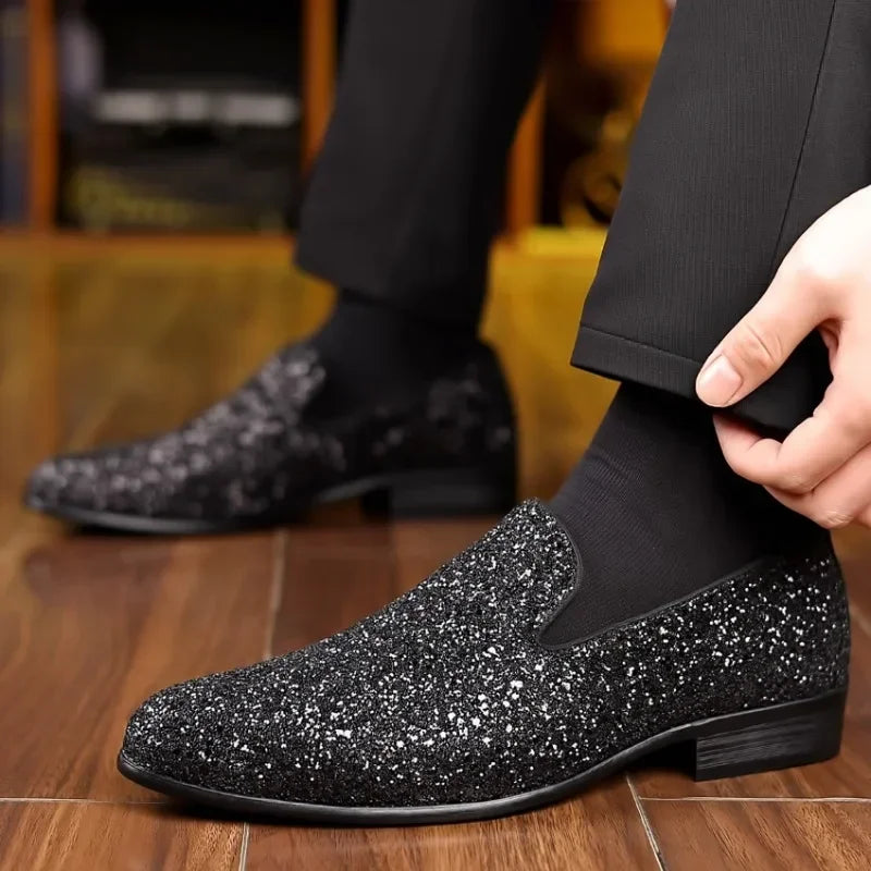 Men Formal Party Shoes New Luxury Loafers Men Gold Silver Sequin Wedding Shoe Fashion Designer Slip on Flats High Quality