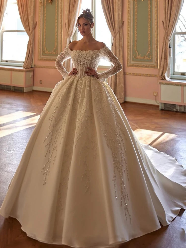 Boat Neck Full Sleeve Taffeta Ball Gown