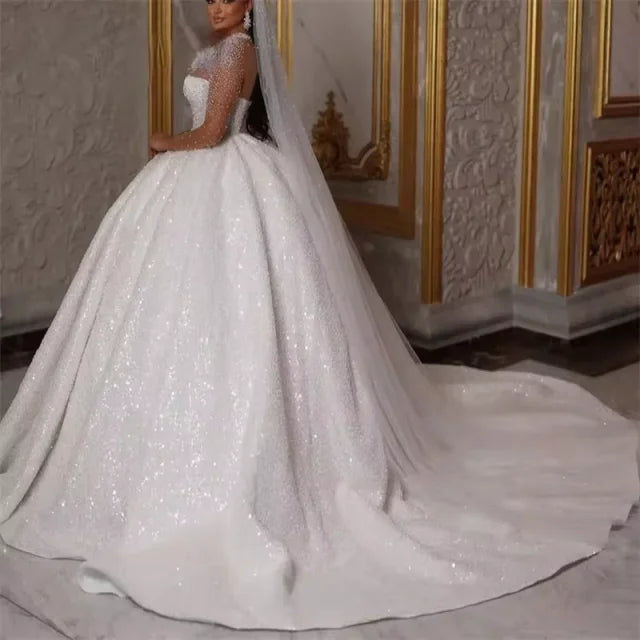Sparkling African Wedding Dress Luxurious A-line Bridal Ball Dress Beads sequins Long Sleeves Dubai Bridal Dress Customization