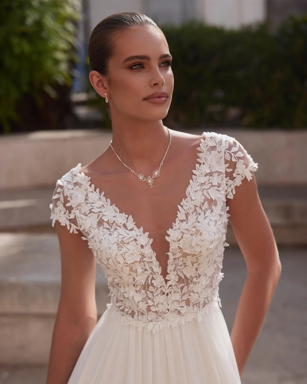 V-Neck Cap-Sleeve Backless Lace Boho A-Line Wedding Dress