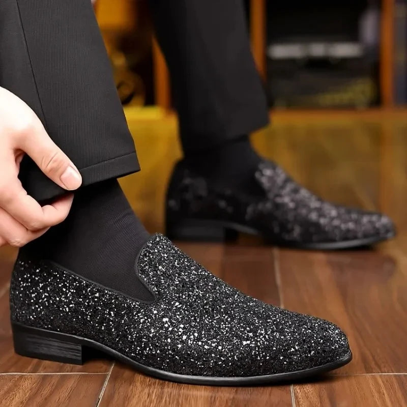 Men Formal Party Shoes New Luxury Loafers Men Gold Silver Sequin Wedding Shoe Fashion Designer Slip on Flats High Quality