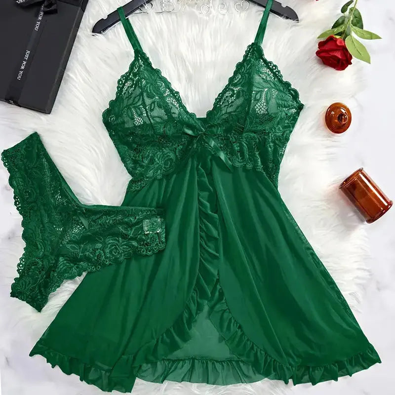 Plus Size Lace Nightgown & Thong Set