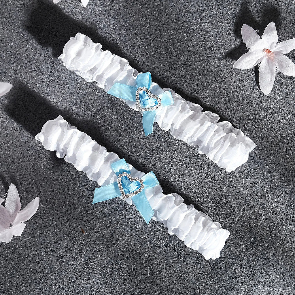 Blue Bow Wedding Garter 2pcs/set Bride Dress Accessories for Women Party Rhinestone Lace Bowknot Bridal Leg Garter Gift