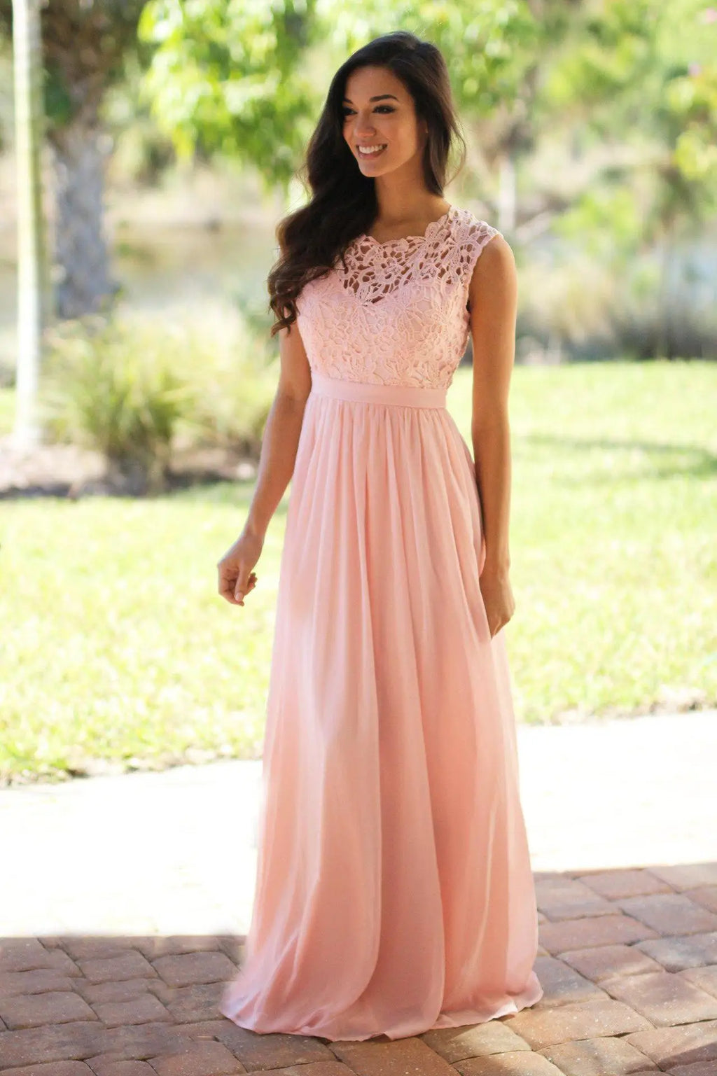 Classic Women Pink Bridesmaid Dresses Elegant Lace Chiffon A Line Illusion Back Maxi Formal Wedding Gust Gowns Formal Evening