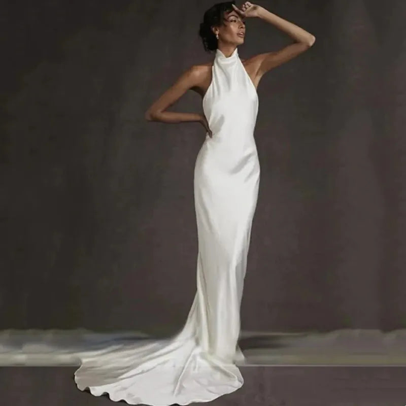 Halter Backless Ruched Satin Mermaid Wedding Dress