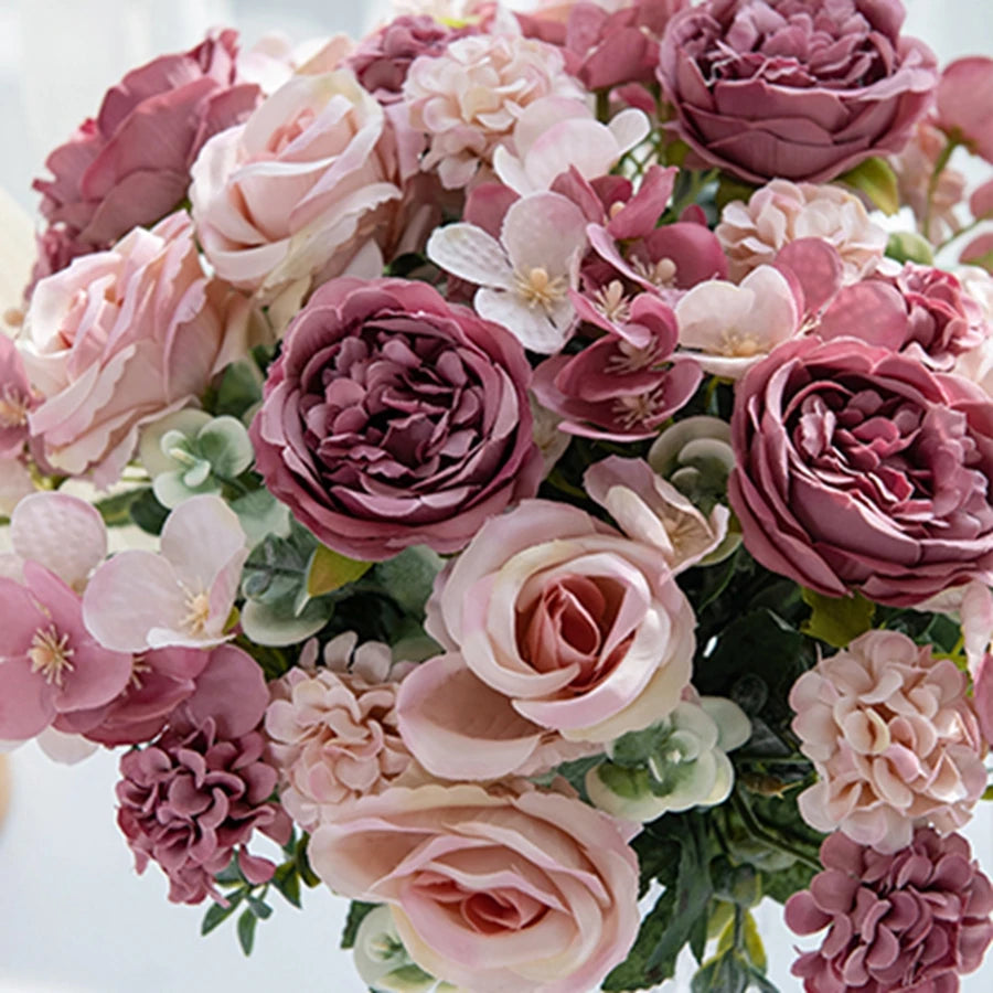 Artificial Flowers 7 Fork Silk Rose Peony Hydrangea Festival Wreath Decor Wedding Wreath Home Room Table DIY Craft Accessories