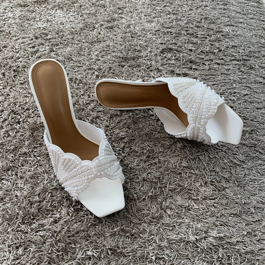 Elegant Summer High Heels Women Mules Sandals Open Toe Pearl Beaded Female Stilettos Slip on Party Wedding Dress Shoes Woman
