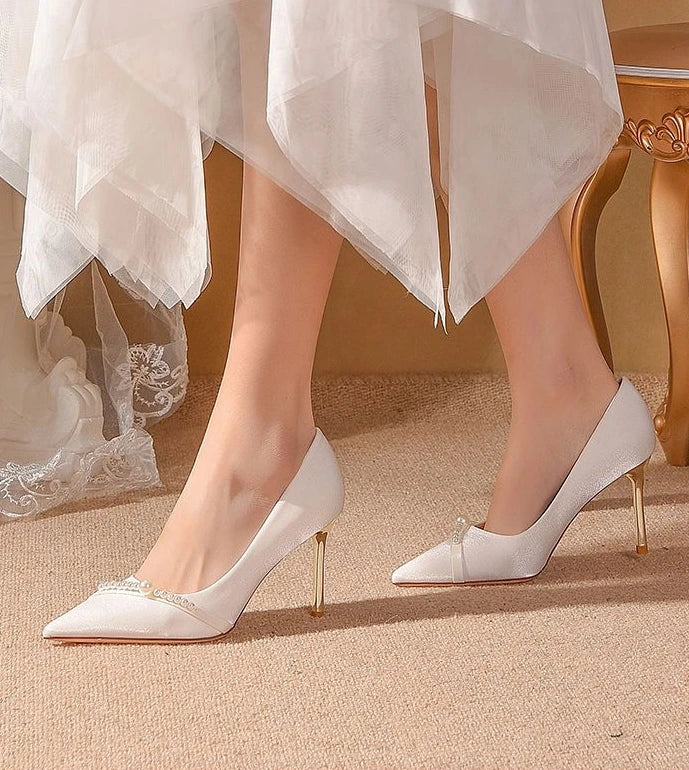 Women's Summer Footwear Bride Pumps Shoes for Woman 2025 Wedding Shoe on Heeled Pointed Toe Pearl Stilito High Heels Popular 39