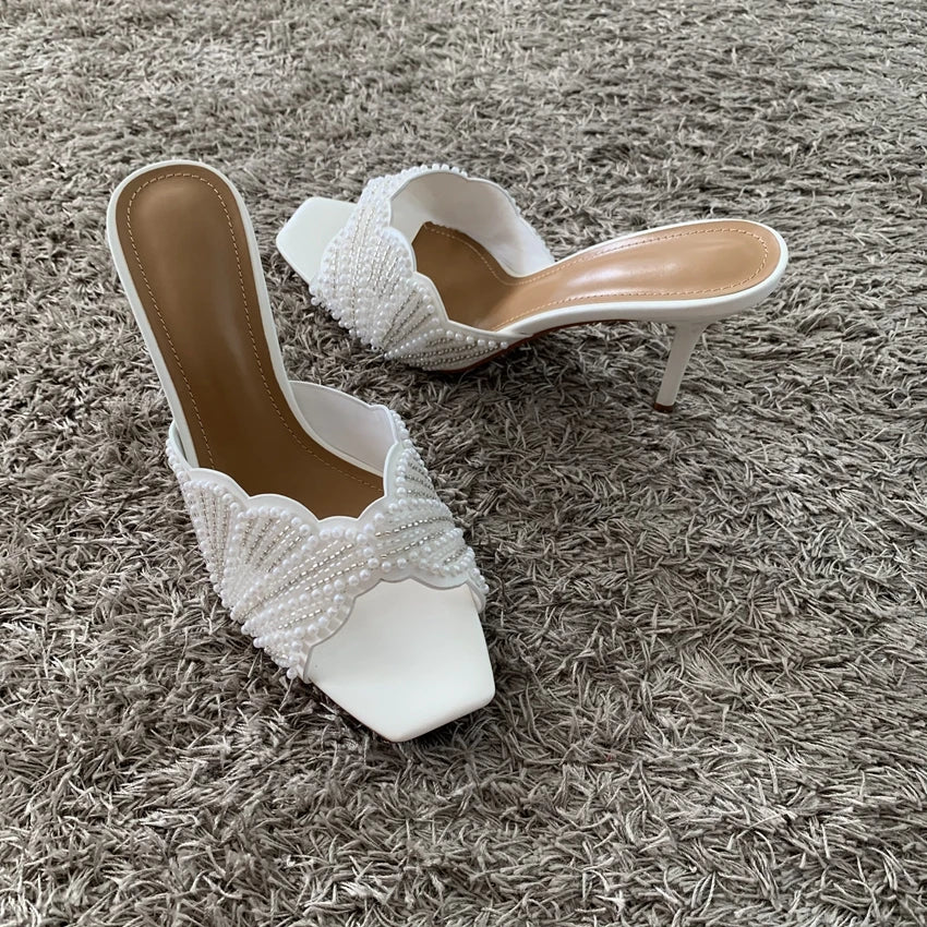 Elegant Summer High Heels Women Mules Sandals Open Toe Pearl Beaded Female Stilettos Slip on Party Wedding Dress Shoes Woman