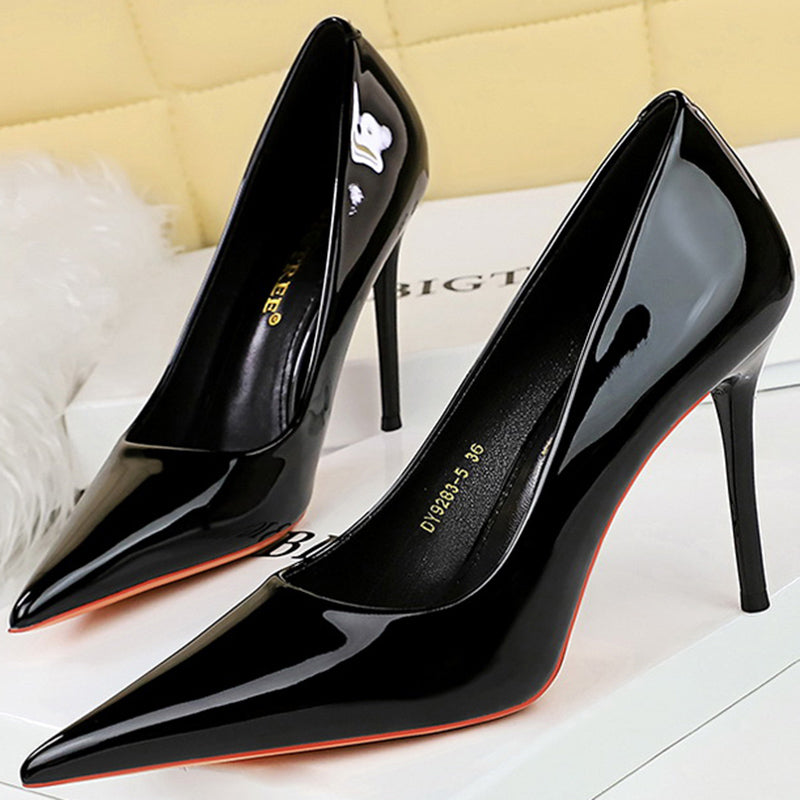 Women 9.5cm High Heels Pumps Wedding Bridal Classic Scarpins High Stiletto Heels Lady Nude Black White Glossy Leather Prom Shoes