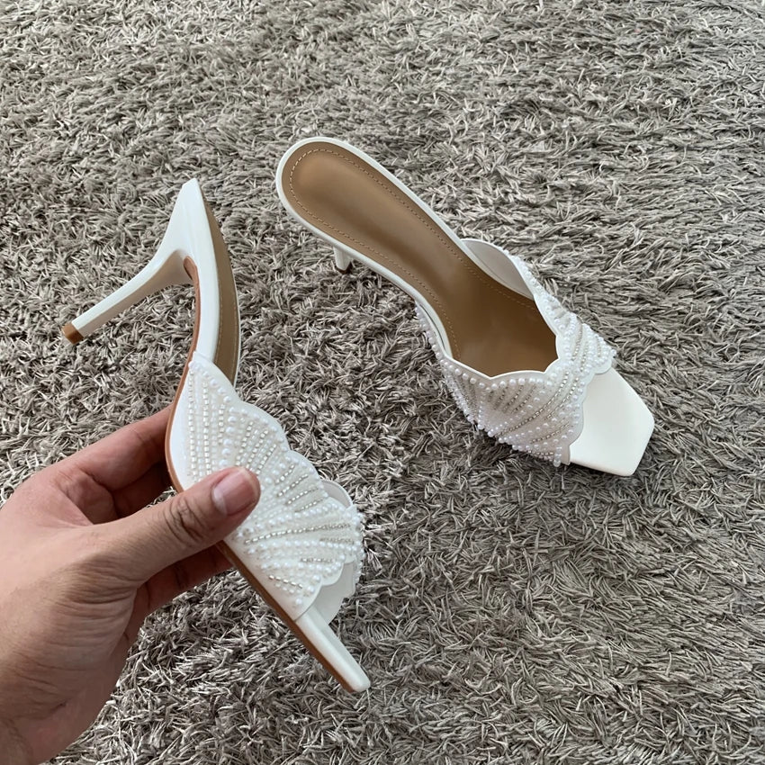 Elegant Summer High Heels Women Mules Sandals Open Toe Pearl Beaded Female Stilettos Slip on Party Wedding Dress Shoes Woman