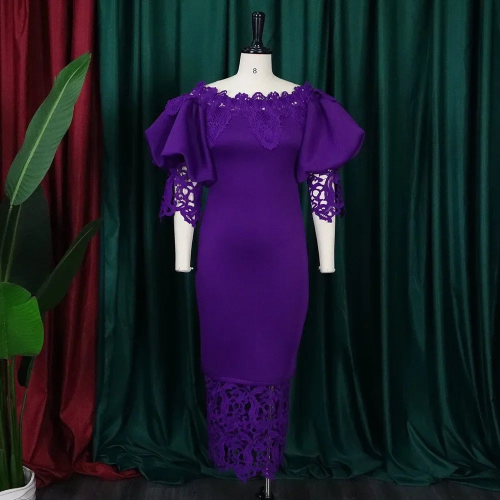 Off-Shoulder Lantern Sleeve Lace Sheath Dress