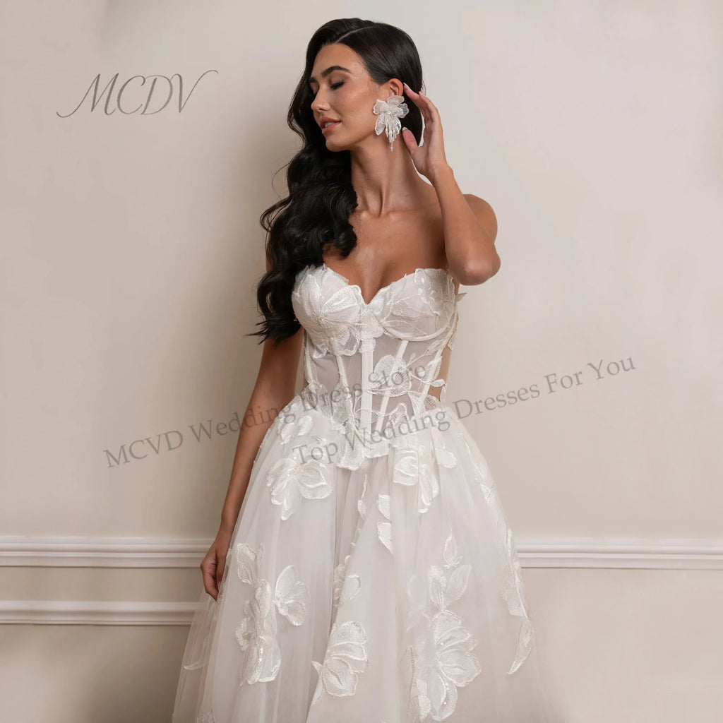 3D Floral Lace Tea Length Bridal Midi Dress