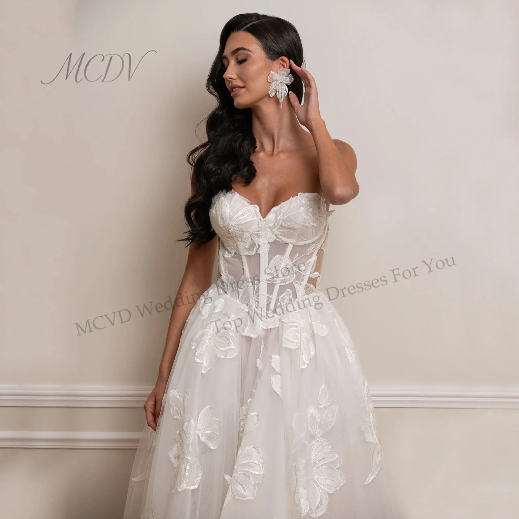 3D Floral Lace Tea Length Bridal Midi Dress