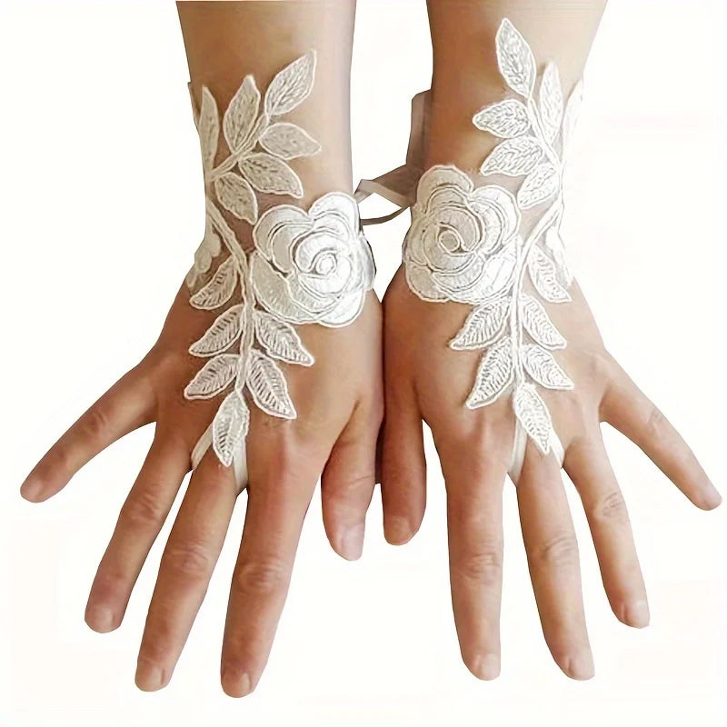 Lace Bridal Gown Gloves Handmade Fingertip-less Gloves for Western Theme Wedding Party, Women's Sleeveless Gloves