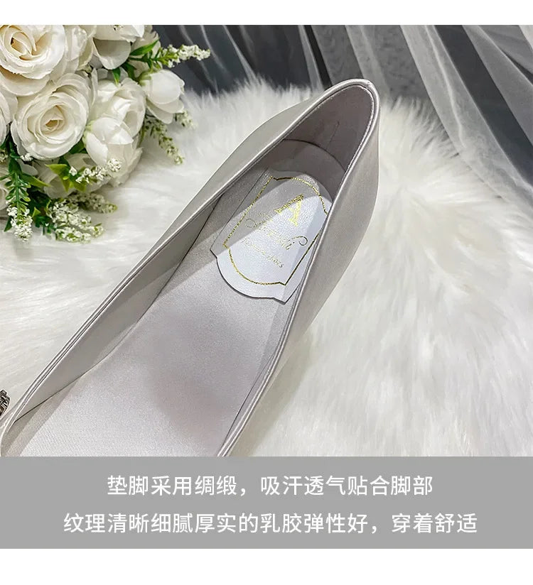 New White Champagne Women Bridal Wedding Shoes Faux Silk Satin Rhinestone Crystal Shallow Pumps Stiletto High Heel
