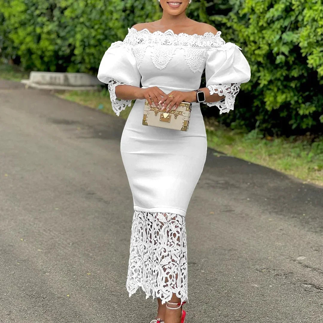 Off-Shoulder Lantern Sleeve Lace Sheath Dress