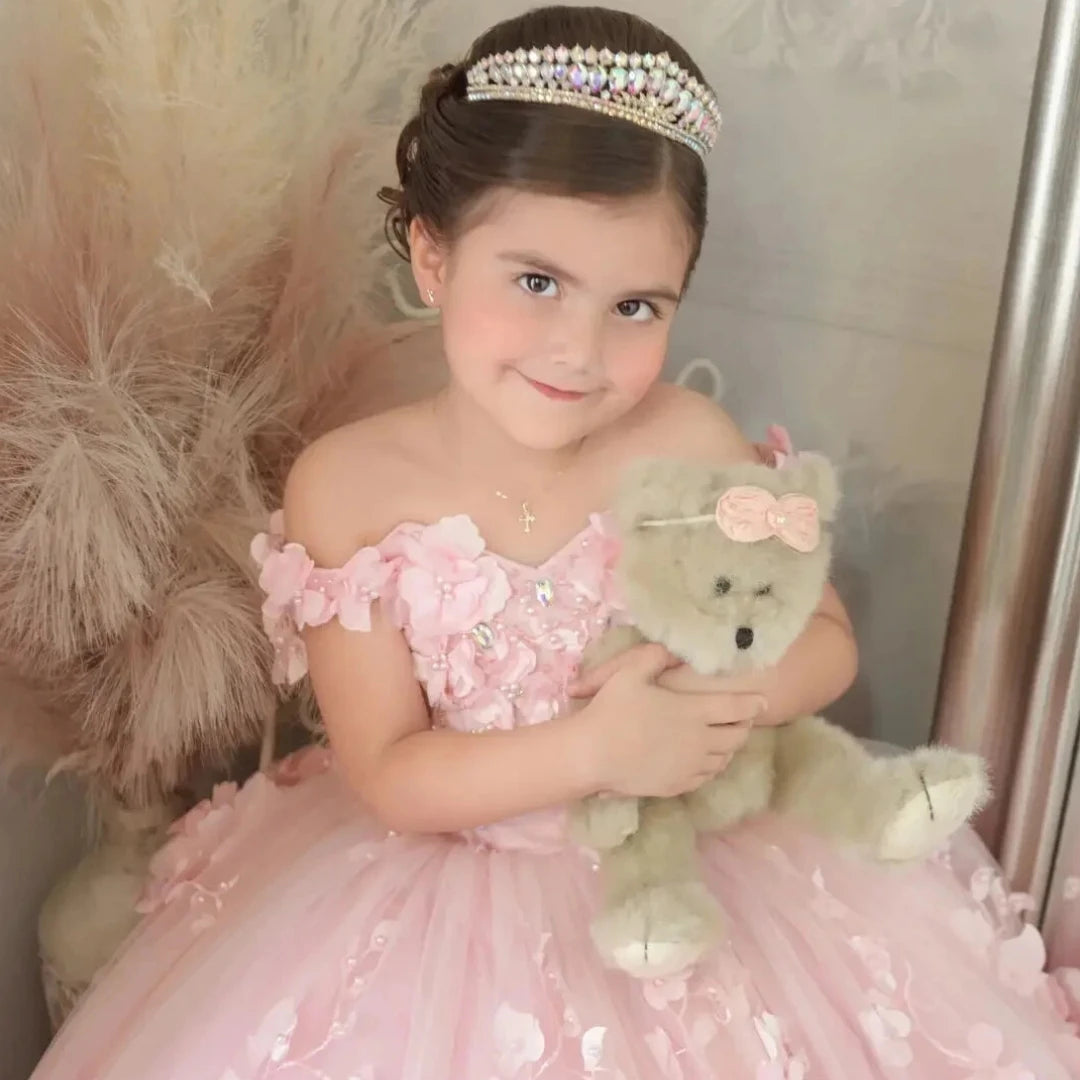 Off-Shoulder Pearl Tulle Flower Girl Dress