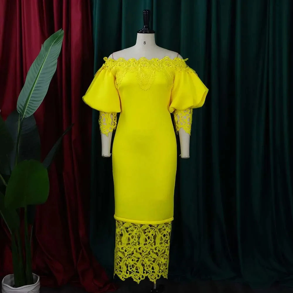 Off-Shoulder Lantern Sleeve Lace Sheath Dress