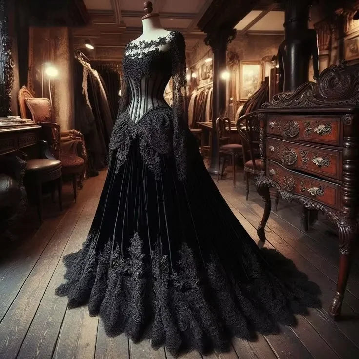 Gothic Black Wedding Dress Lace Long Sleeves Corset A-Line Bridal Gowns Vintage Halloween Vampire Women Costume Customized