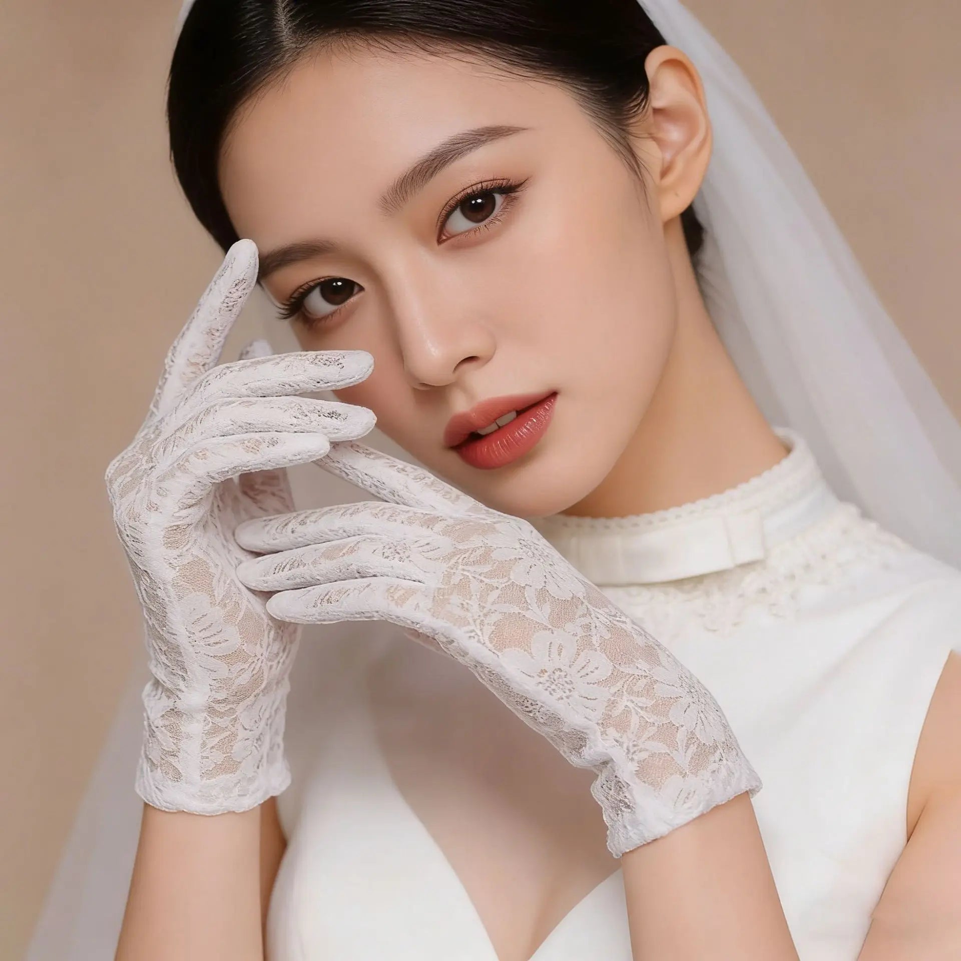 Short Printed Tulle Lace Bridal Gloves