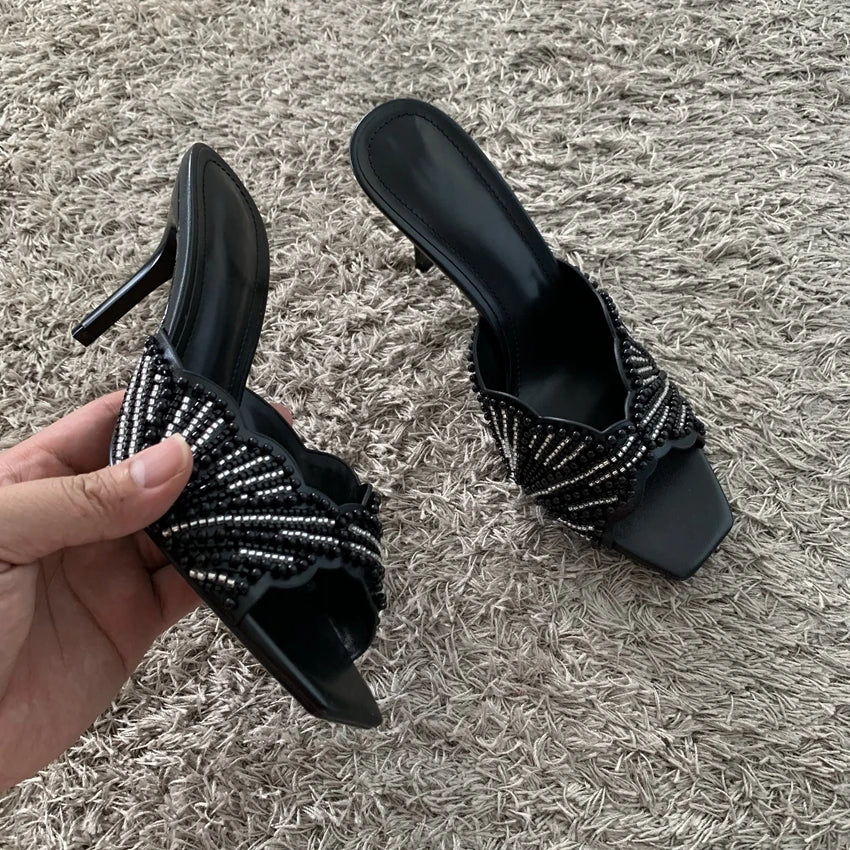 Elegant Summer High Heels Women Mules Sandals Open Toe Pearl Beaded Female Stilettos Slip on Party Wedding Dress Shoes Woman