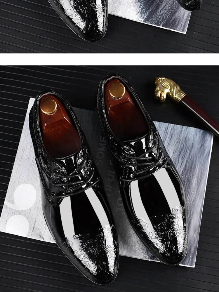 Shoes for Men Casual Business Dress Shoes Lace Up Formal Black Patent Leather Brogue Shoes for Male Wedding Party Office Oxfords