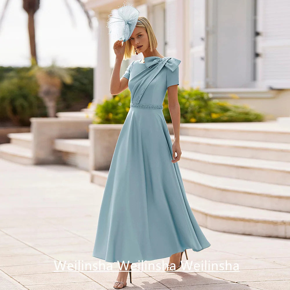 Customized Mother of The Bride Dress Elegant Short Sleeves Beading Pearls Bow A Line Ankle Length Satin Guest Woman Party Gown