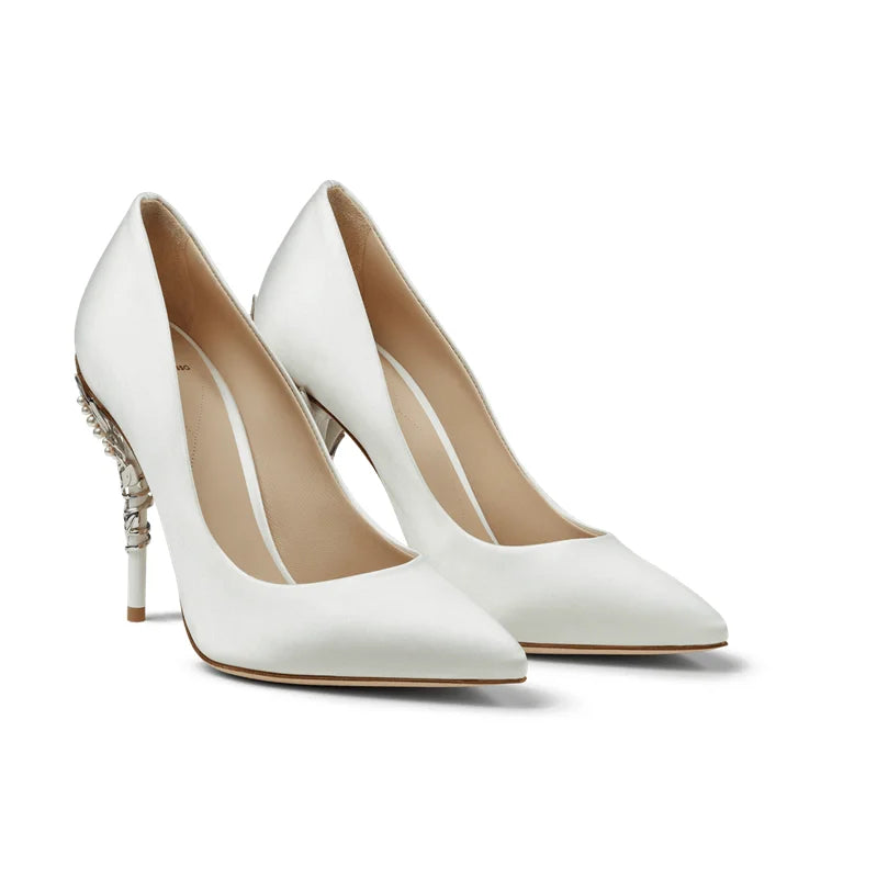 Luxury Leaves Metal Heel Pumps Women Shoes Pointed Toe Blue White Pink Black Silk Stiletto High Heels Wedding Bride Shoes 10cm