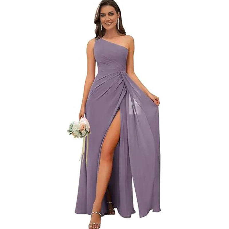 One Shoulder Draped Chiffon Bridesmaid Dress