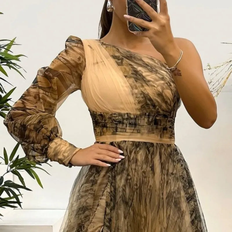 Women's Wedding Dress Spring Autumn New Sexy Off-shoulder Mesh Print Slit Casual Loose Party Prom Dresses For Women Robe Femal
