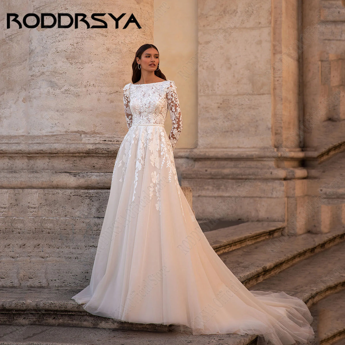 RODDRSYA Muslim Wedding Dresses 2025 Bride Long Sleeves Flowers A-Line Lace Bride Gowns Applique robe mariée boheme Customized