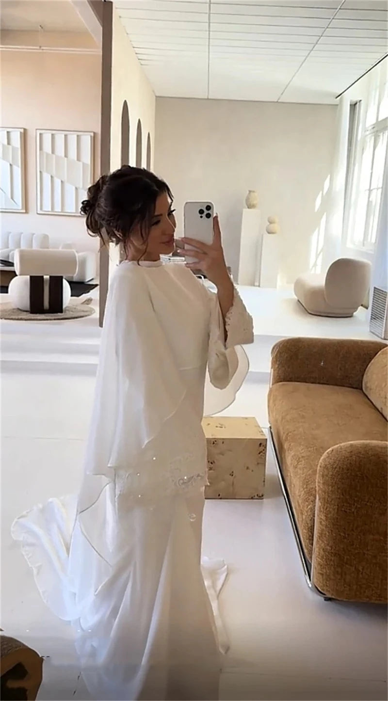 Arabic Wedding Dress O-Neck Customized Ivory  Appliques Muslim Long Sleeves Mermaid Bridal Gown Bride Party Dress