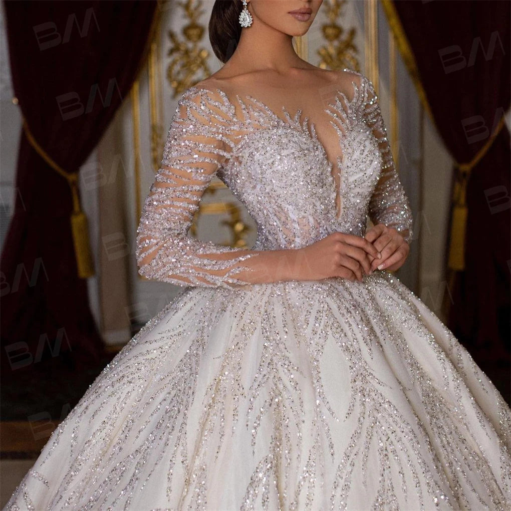 Hand-Beaded Long-Sleeve Ball Gown Wedding Dress