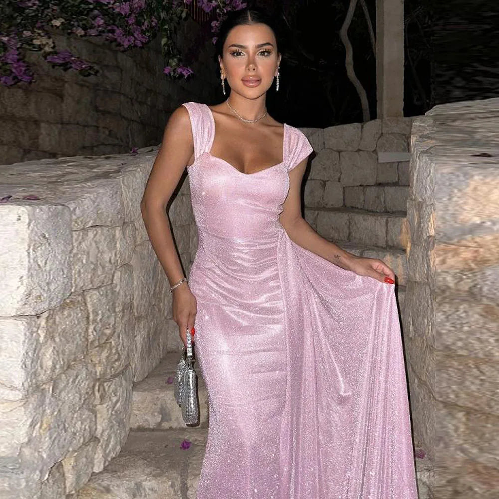 Customized Glitter Pink Evening Dress with Side Train Wide Strap Sweetheart Wedding Guest Gown Mermaid فساتين سهرة