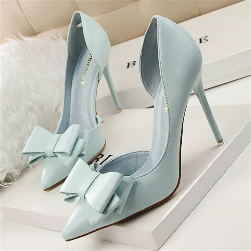 Spring Party Elegant Pink Butterfly-Knot High Heels Women Fashion Wedding Dress Pumps Side Hollowed Stiletto Shoes