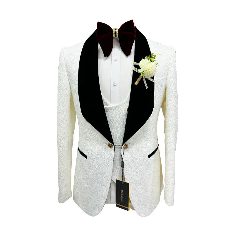 Thorndike Mens Wedding Suits White Jacquard with Black Satin Collar Tuxedo3 Pcs Groom Terno Suits for Men(Jacket+Vest+Pants)
