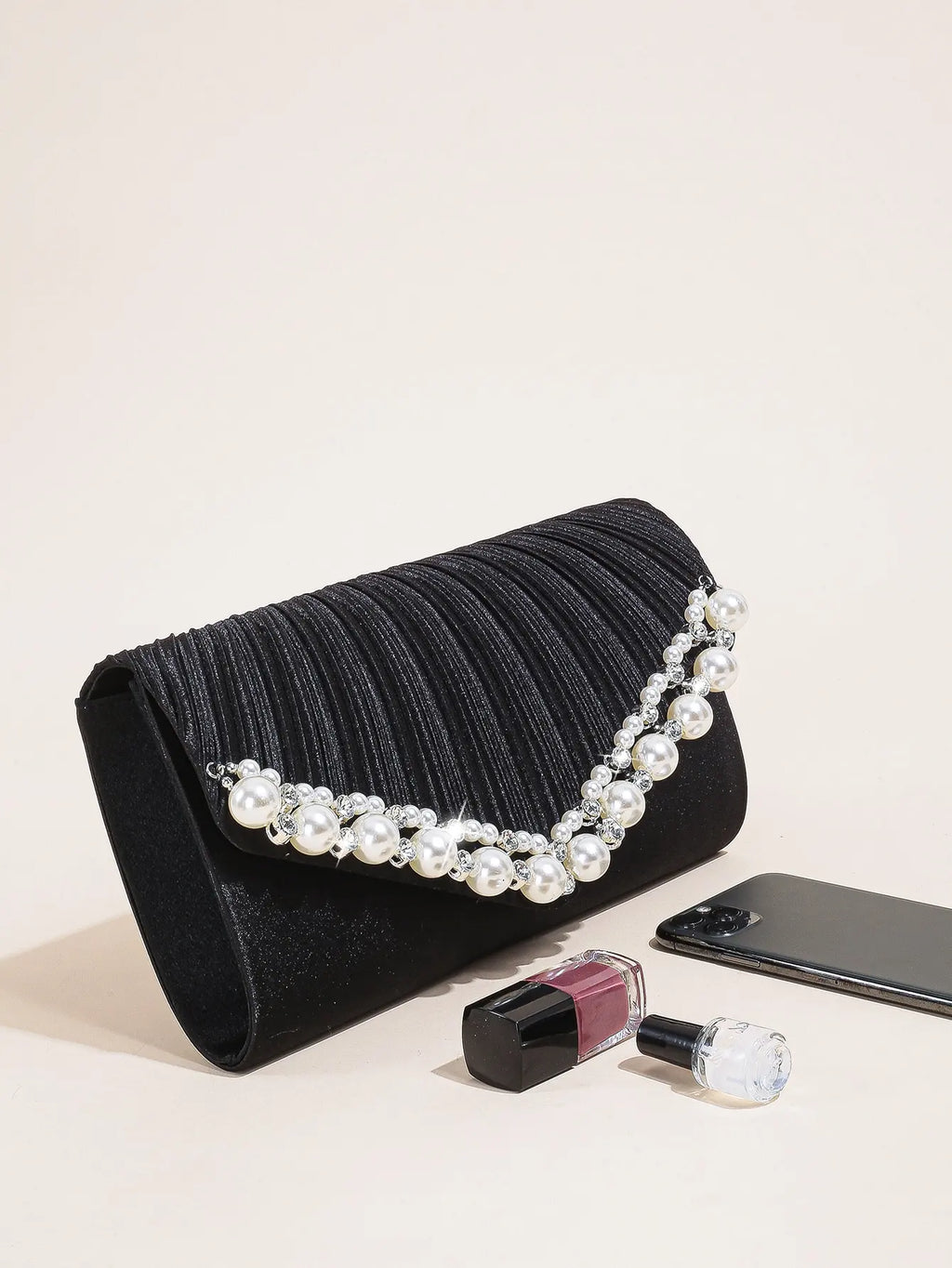 Womens Pearl Decor pleated Satin Clutch Bag， Fashion Diamond Evening Handbag Bridal Purse for Wedding Party for Women Formal Par