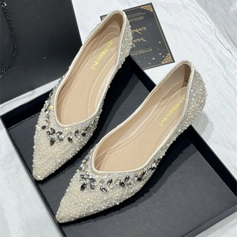 Luxury String Bead Rhinestone Brand Flat Shoes Women Comfort Square Toe Shallow Design Shoes Fashion Elegant Wedding Bridal Shoe
