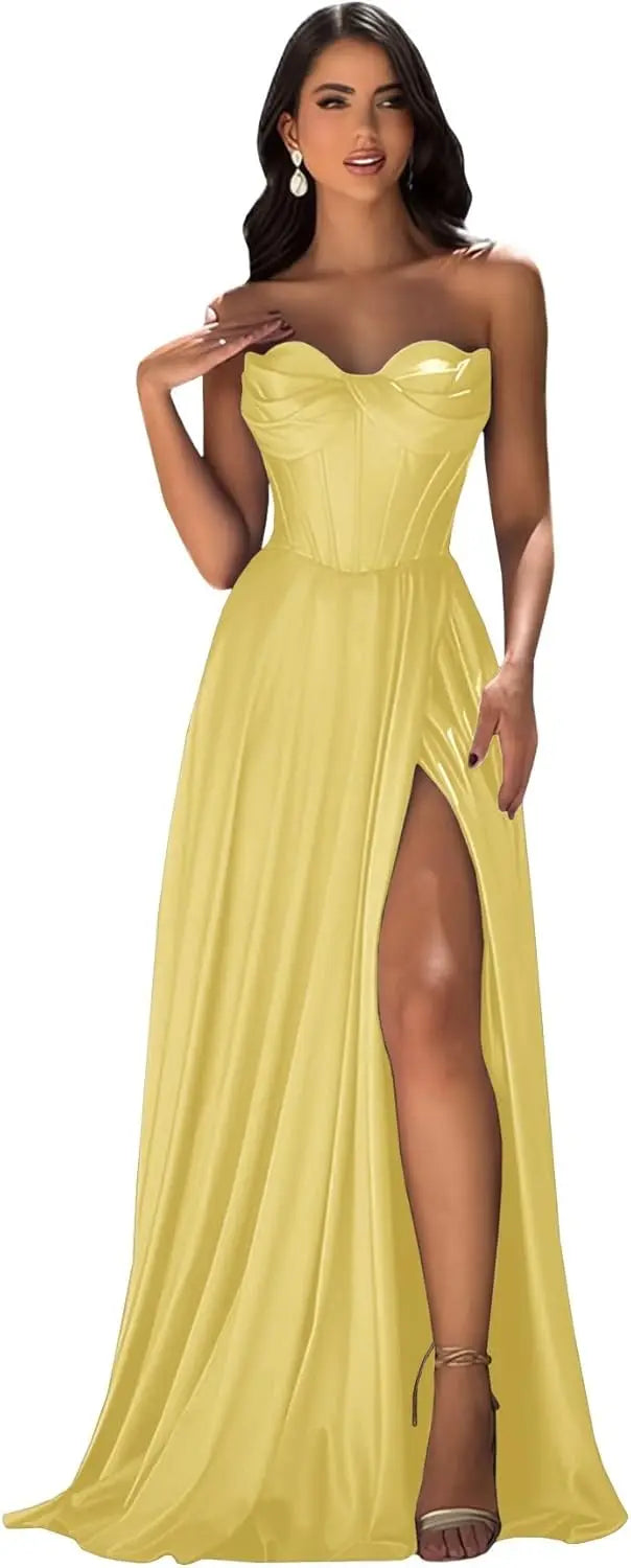 Chicbridal Women's Strapless Prom Dress Satin A-Line Long Ball Gown Sweetheart Corset Formal Dress with Pockets And Side Slit