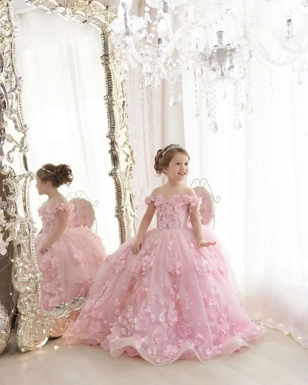 Off-Shoulder Pearl Tulle Flower Girl Dress