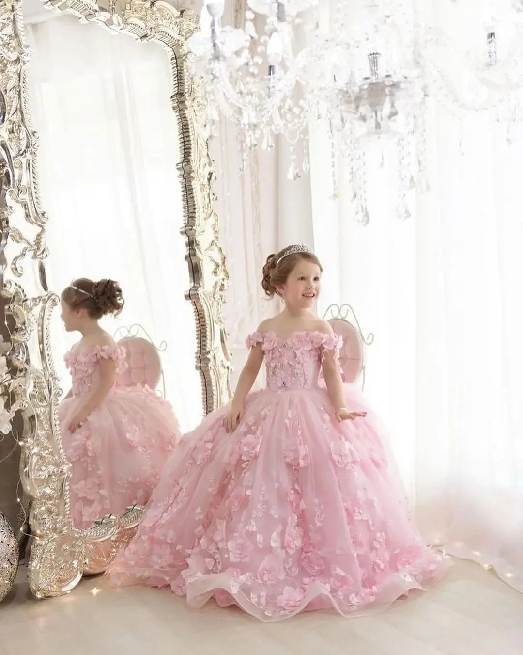 Off-Shoulder Pearl Tulle Flower Girl Dress