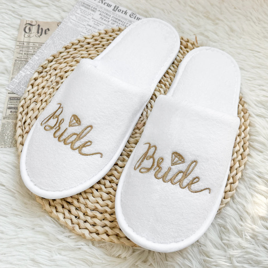 Bridal Party Slippers Set, Close-toe With Golden & Pink Embroidery, Lightweight Plush Cozy Flats, Non-slip Soft Sole For Bride